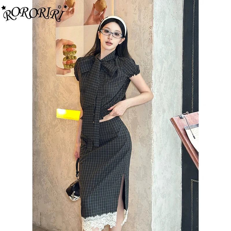 RORORIRI Ретро клетчатый укороченный топ с бантом Юбка Женский комплект Рубашка с пышными рукавами Кружевная облегающая длинная юбка с разрезом Школьная форма Одежда 
RORORIRI Ретро клетчатый укороченный топ с бантом Юбка Женский комплект Рубашка с пышными рукавами Кружевная облегающая длинная юбка с разрезом Школьная форма Одежда