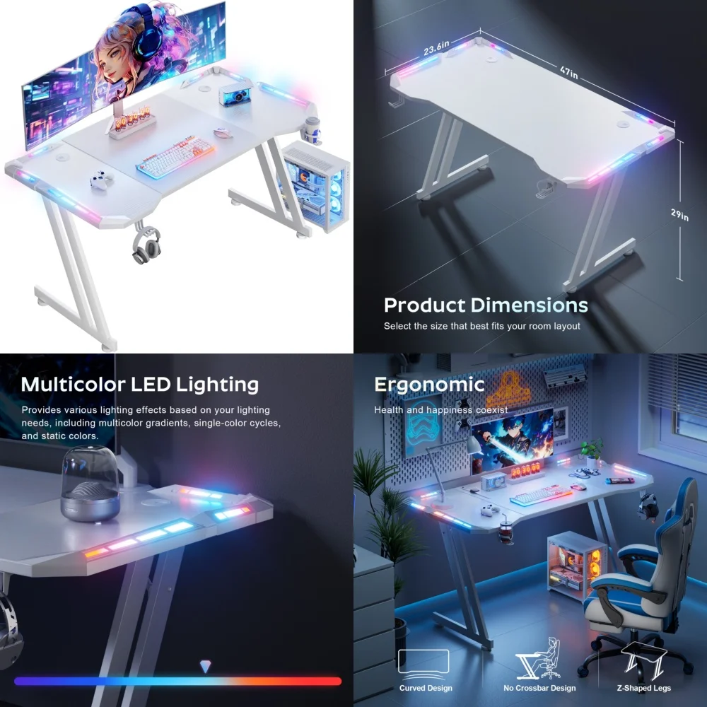 47 inch gaming desk with RGB LED lighting ergonomic design with cup holder white modern computer table for gamers adjustable
47 inch gaming desk with RGB LED lighting ergonomic design with cup holder white modern computer table for gamers adjustable