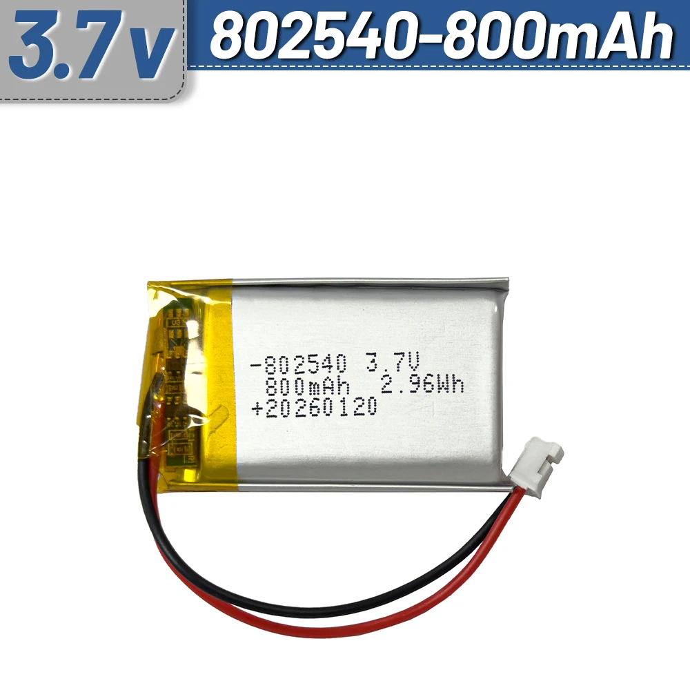 802540 3.7V 800mAh Rechargeable Li ion Battery JST1.25 PH2.0 XH2.54 Plug for Handheld Fan Helmet Bluetooth Earphones
802540 3.7V 800mAh Rechargeable Li ion Battery JST1.25 PH2.0 XH2.54 Plug for Handheld Fan Helmet Bluetooth Earphones