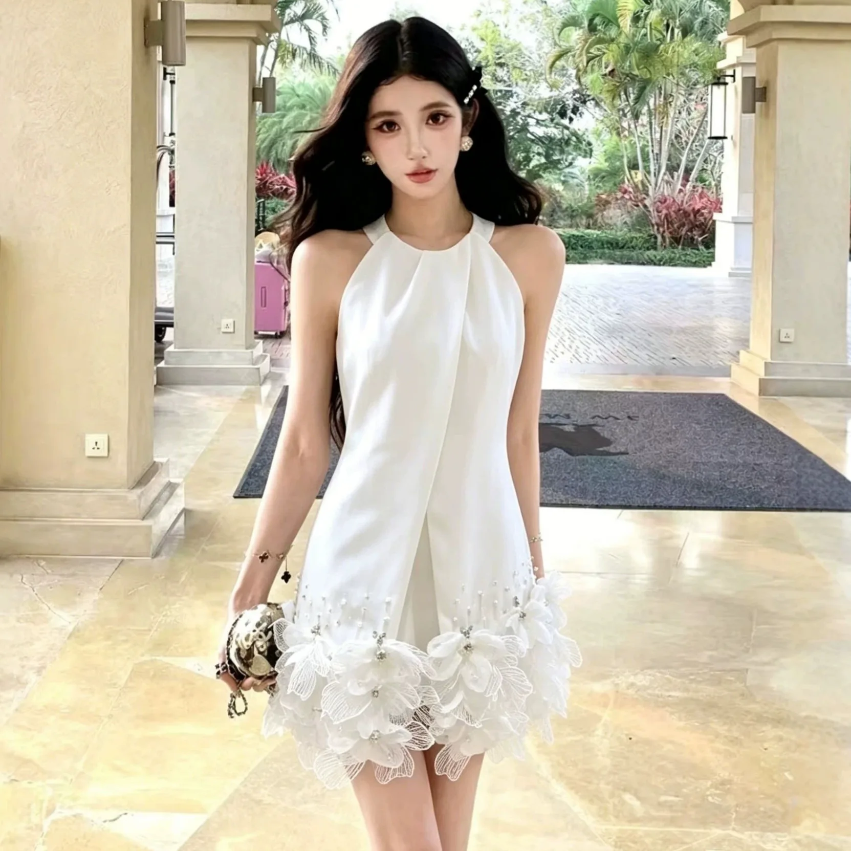 Women Fashion 3D Floral Ruffle Mini Dress Halter Neck Sleeveless Off-shoulder Short Dresses Sexy Vest Dress Noble Lady Style
Women Fashion 3D Floral Ruffle Mini Dress Halter Neck Sleeveless Off-shoulder Short Dresses Sexy Vest Dress Noble Lady Style