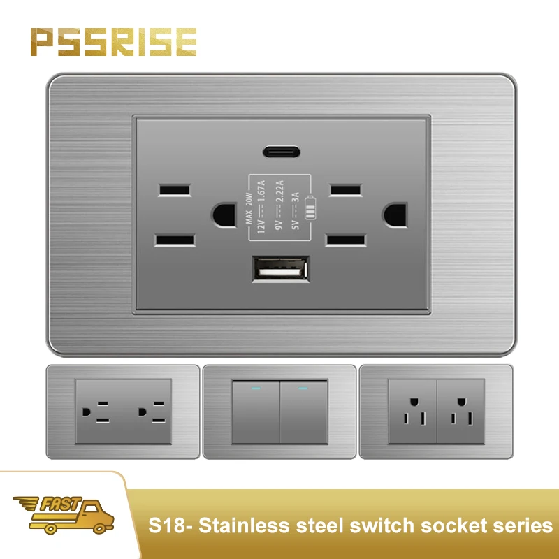 PSSRISE Grey Stainless Steel Panel American Thai. Wall Socket Light Switch TypeC 20W Quick Charger,electric mexico power socket
PSSRISE Grey Stainless Steel Panel American Thai. Wall Socket Light Switch TypeC 20W Quick Charger,electric mexico power socket