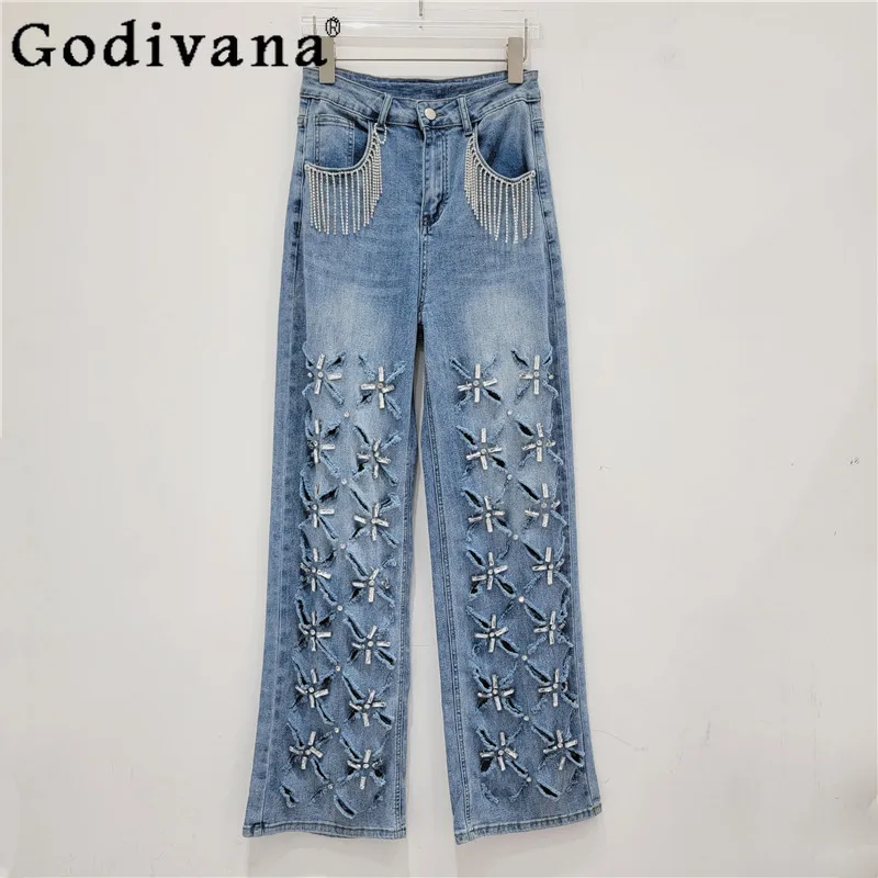 Сексуальные рваные джинсы с кисточками и бриллиантами для тяжелой промышленности, летние свободные универсальные синие прямые широкие брюки для девочек, широкие брюки для мытья полов 
Сексуальные рваные джинсы с кисточками и бриллиантами для тяжелой промышленности, летние свободные универсальные синие прямые широкие брюки для девочек, широкие брюки для мытья полов
