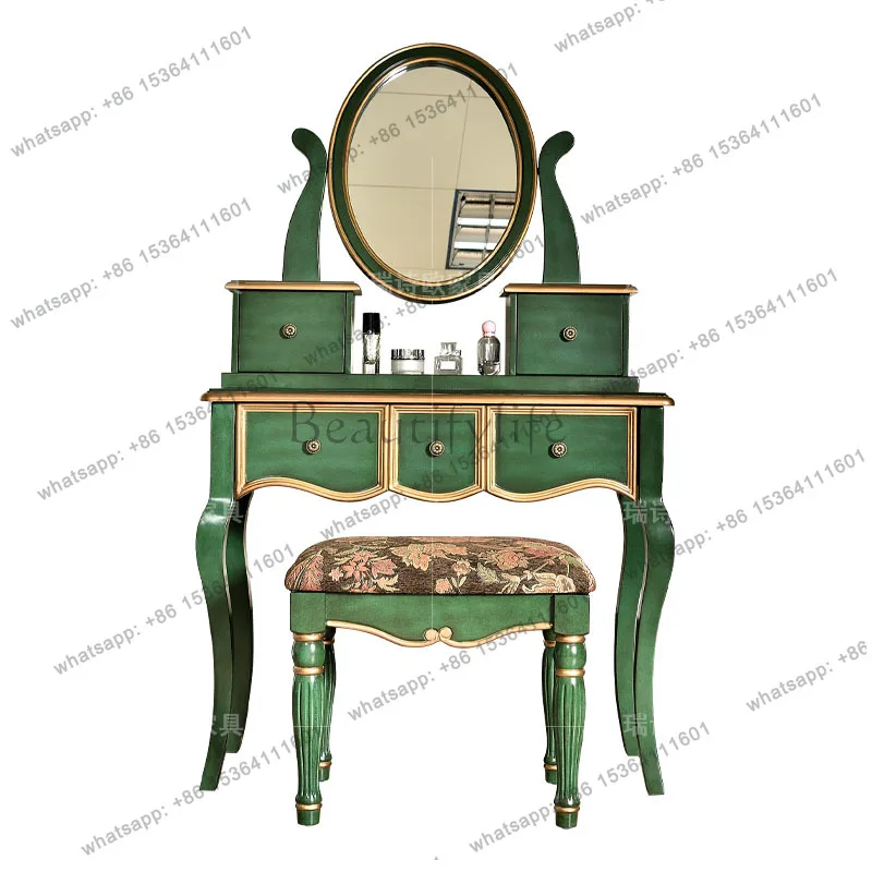 Makeup solid wood dressing table, bedroom chest integrated retro green old small with storage table
Makeup solid wood dressing table, bedroom chest integrated retro green old small with storage table
