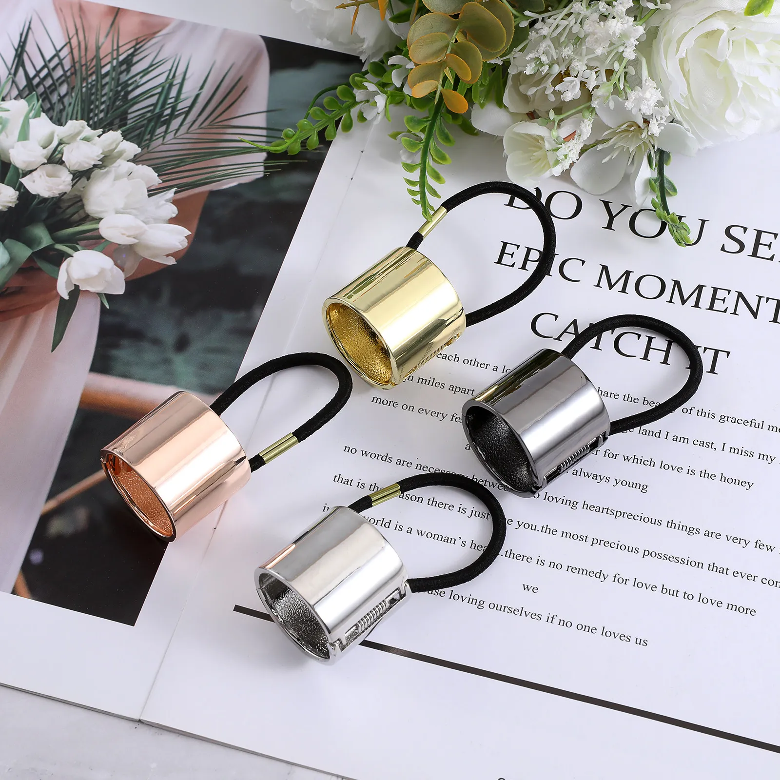 4Pcs Metal Ponytail Holders with Spring Hinge Elastic Band Premium Hair Cuff for Women Gold Silver Rose Gold Black
4Pcs Metal Ponytail Holders with Spring Hinge Elastic Band Premium Hair Cuff for Women Gold Silver Rose Gold Black
