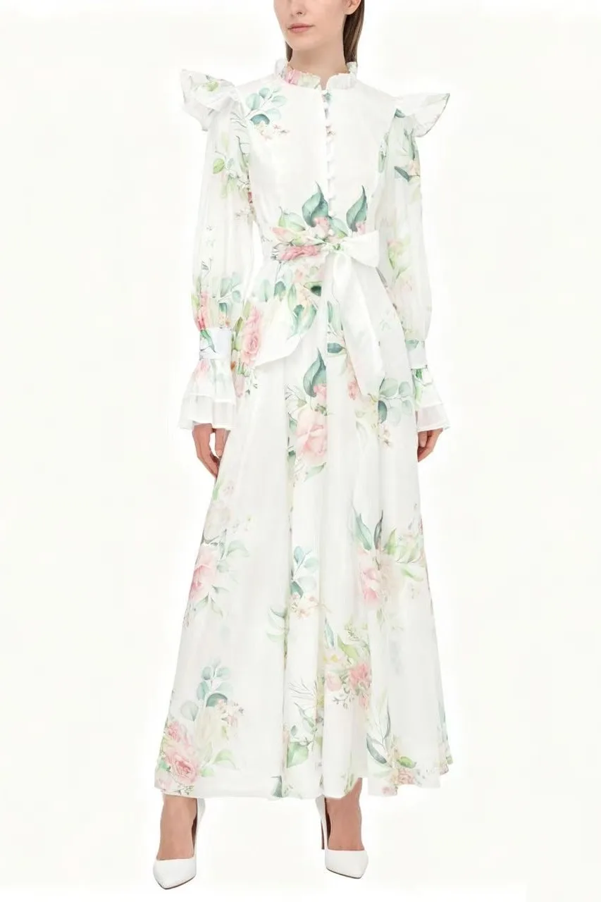 Women's Floral Print Chiffon Maxi Dress Long Flare Sleeve Stand Neck Ruffles Boho Robe for Holiday Fashionable And Beautiful
Women's Floral Print Chiffon Maxi Dress Long Flare Sleeve Stand Neck Ruffles Boho Robe for Holiday Fashionable And Beautiful