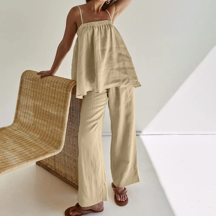 Summer Casual Women's Two-piece Fashionable Solid Color Slim Shoulder Strap Loose Top With High Waisted Straight Leg Pants Set
Summer Casual Women's Two-piece Fashionable Solid Color Slim Shoulder Strap Loose Top With High Waisted Straight Leg Pants Set