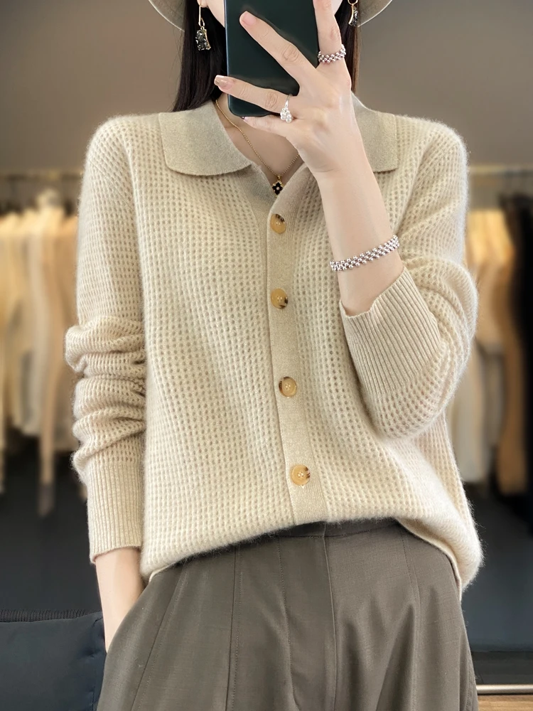 Autumn Winter Women Cardigan Turn-Down Collar Thick Cashmere Sweater 100% Merino Wool Hollow Knitwear Female Soft Fashion Top
Autumn Winter Women Cardigan Turn-Down Collar Thick Cashmere Sweater 100% Merino Wool Hollow Knitwear Female Soft Fashion Top