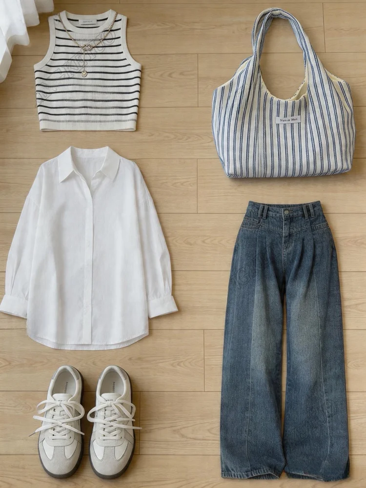 Korean Style Casual Striped Shirt Summer Anti-Aging Slimming Sun Protection Denim Three-Piece Set Women's Fashion Ensemble
Korean Style Casual Striped Shirt Summer Anti-Aging Slimming Sun Protection Denim Three-Piece Set Women's Fashion Ensemble