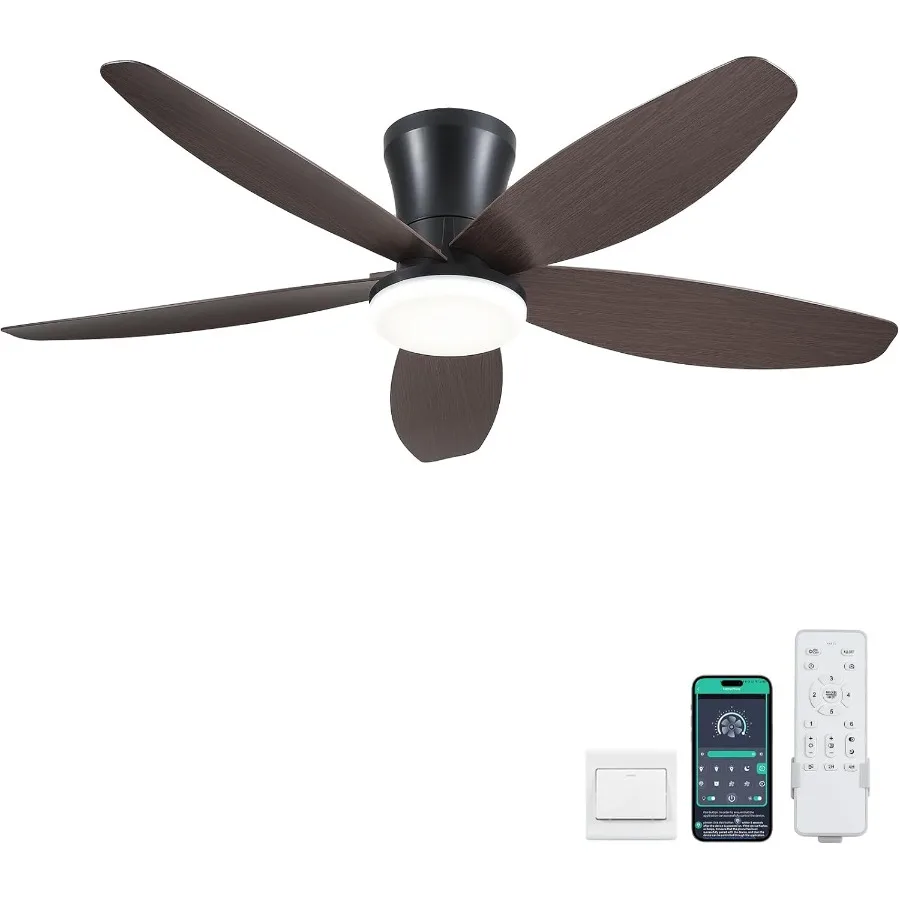 42 Inch Low Profile Ceiling Fan with Integrated LED Light and Remote APP Control for Indoor and Outdoor Use DC Reversible Motor