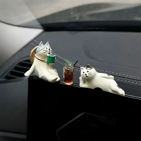 Cats and Coffee Car Dashboard Ornaments Car Center Console Decoration with Sided Tape Stickable Auto Interior Accessories