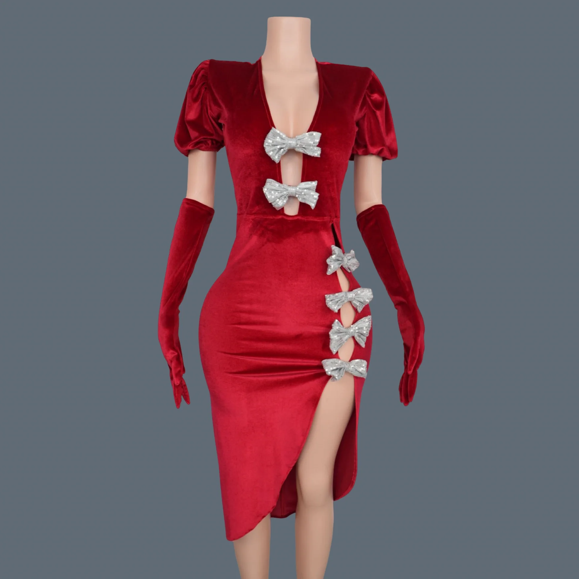 Elegant Red Velvet Deep V Neck Dress Sexy bowknot Midi Dress With Gloves Gala Event Women High-end High Side Slits Dress Lingjie
Elegant Red Velvet Deep V Neck Dress Sexy bowknot Midi Dress With Gloves Gala Event Women High-end High Side Slits Dress Lingjie