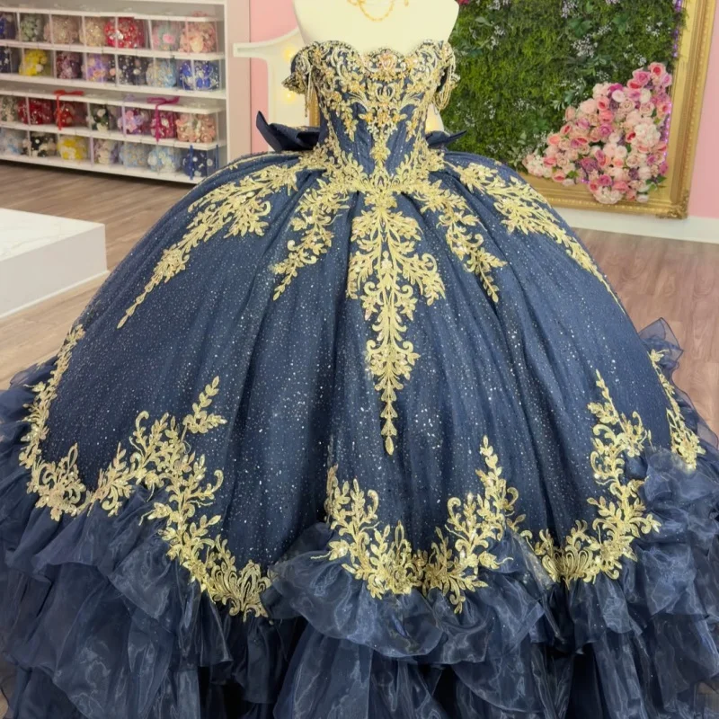 Dark Blue Quinceanera Dress off-shoulder Golden Sequins Decal Lace Layering Long tail Bow vestidos de 15 Quinceanera Customize
Dark Blue Quinceanera Dress off-shoulder Golden Sequins Decal Lace Layering Long tail Bow vestidos de 15 Quinceanera Customize