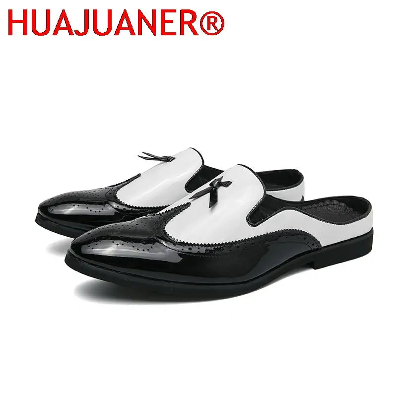 New Flats Men's Half Slippers Patent Leather Classic Brogues Black Summer PU Leather Men Dress Shoes Wedding Party Slides
New Flats Men's Half Slippers Patent Leather Classic Brogues Black Summer PU Leather Men Dress Shoes Wedding Party Slides