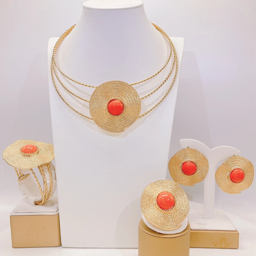 Factory Wholesale New Women's Jewelry Set Gold Plated Round Braided Red Stone Necklace Bracelet Earrings Ring Party Gift
Factory Wholesale New Women's Jewelry Set Gold Plated Round Braided Red Stone Necklace Bracelet Earrings Ring Party Gift