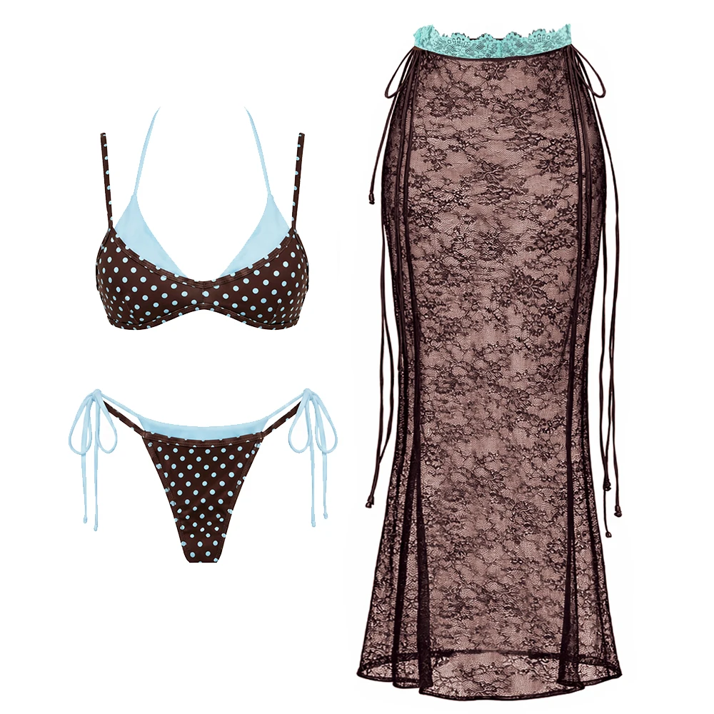 Dot Printed Color-block Biquini With Sheer Floral Lace Skirt Set Women's Swimsuit Sexy Mujer Low Waist Swimwear Female Beachwear
Dot Printed Color-block Biquini With Sheer Floral Lace Skirt Set Women's Swimsuit Sexy Mujer Low Waist Swimwear Female Beachwear