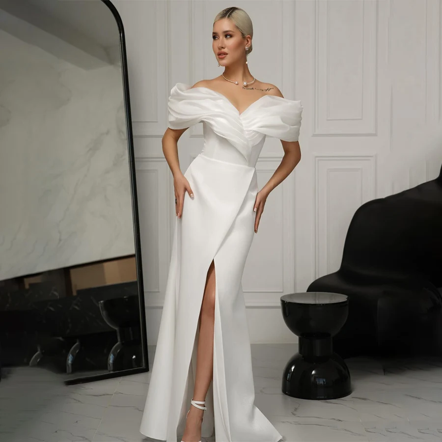 Off-Shoulder Cap Sleeve Front Split Satin Party Dresses Backless Lace Up Evening Dress vestido de novia
Off-Shoulder Cap Sleeve Front Split Satin Party Dresses Backless Lace Up Evening Dress vestido de novia