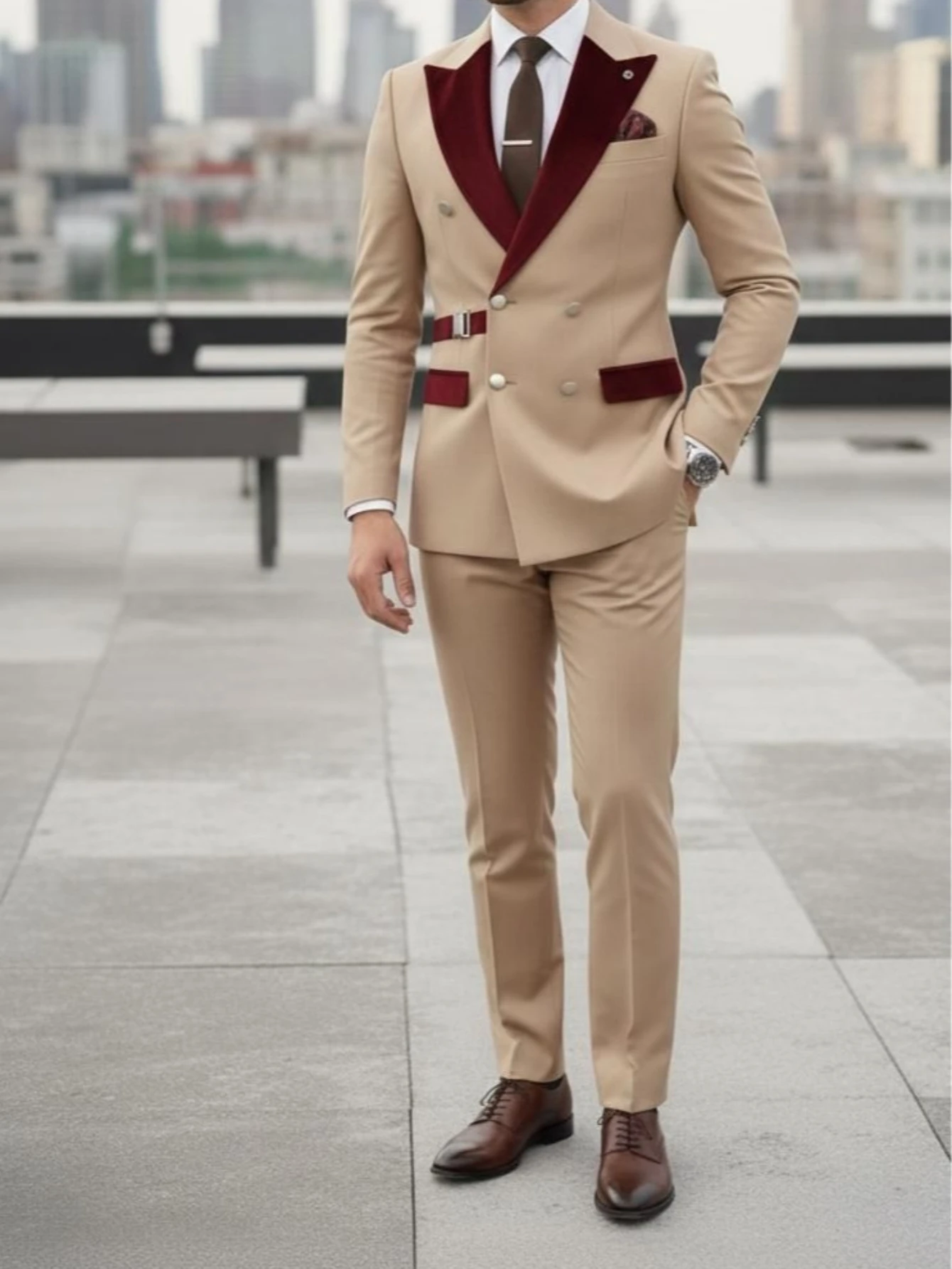 Men's 2-Piece Beige Double-Breasted Suit with Burgundy Contrast Lapel set for Weddings
Men's 2-Piece Beige Double-Breasted Suit with Burgundy Contrast Lapel set for Weddings