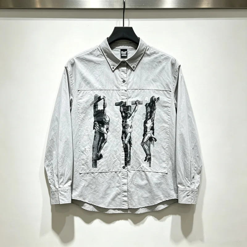 Heavy Fabric Hole Damaged Saint Patch Jesus Print Shirt Men Women Vintage Washed Loose V-shape Burr Long Sleeve Shirt Blouse
Heavy Fabric Hole Damaged Saint Patch Jesus Print Shirt Men Women Vintage Washed Loose V-shape Burr Long Sleeve Shirt Blouse