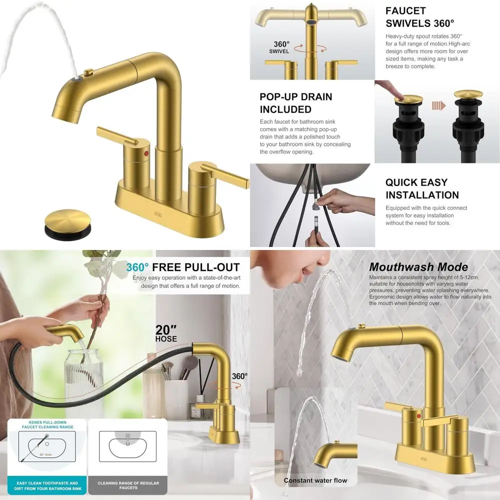 4 Inch 2-Handle Centerset Bathroom Faucet with Pull-Out Sprayer, Brushed Gold Finish, Vanity Sink Faucet with Pop-Up Drain and S
4 Inch 2-Handle Centerset Bathroom Faucet with Pull-Out Sprayer, Brushed Gold Finish, Vanity Sink Faucet with Pop-Up Drain and S