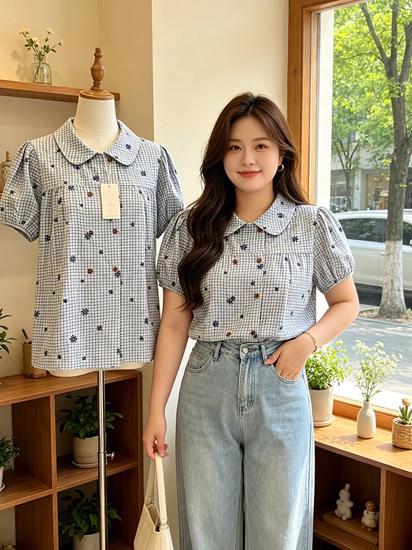 plus Size Women's Blue Plaid Doll Collar Embroidered Double Button Sweet Top Korean Style Loose Fit Short Sleeve Shirt
plus Size Women's Blue Plaid Doll Collar Embroidered Double Button Sweet Top Korean Style Loose Fit Short Sleeve Shirt