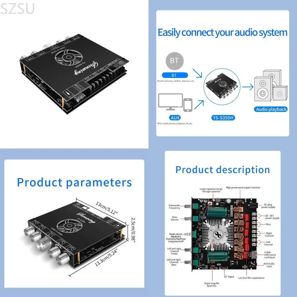 SZSU YS-S350H 2.1 Channel BT5.1 Amplifier Board TPA3251 220Wx2+350W HighPower Subwoof
SZSU YS-S350H 2.1 Channel BT5.1 Amplifier Board TPA3251 220Wx2+350W HighPower Subwoof