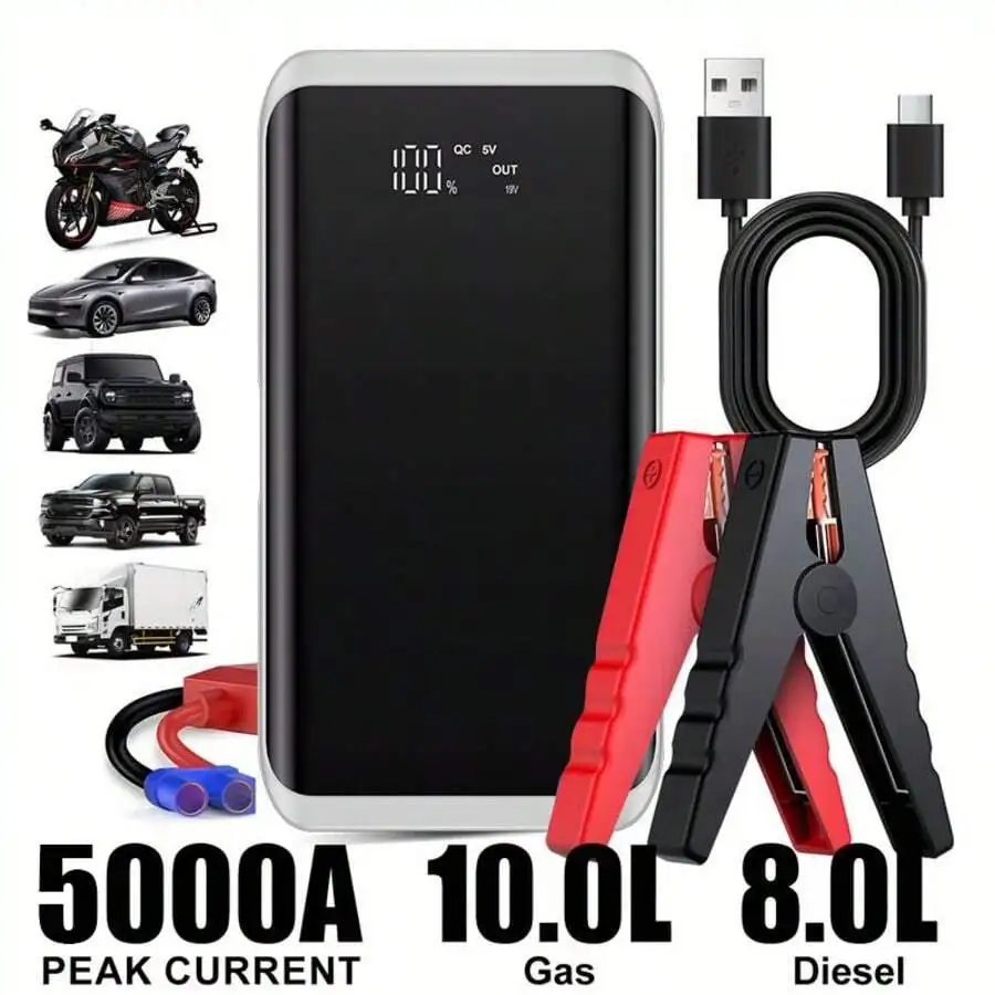 Портативное пусковое устройство 5000А с USB-портом и светодиодным фонариком для автомобилей, грузовиков, внедорожников и мотоциклов
Портативное пусковое устройство 5000А с USB-портом и светодиодным фонариком для автомобилей, грузовиков, внедорожников и мотоциклов