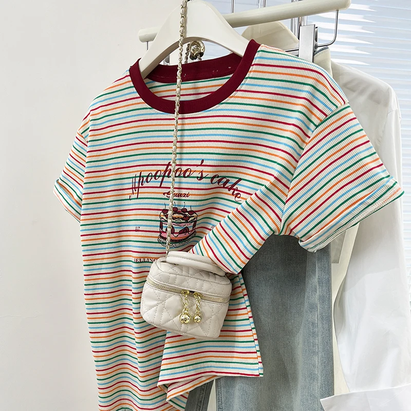Fashion Rainbow Striped Short-sleeved T-shirt Women Summer Korean Style Casual Versatile Tops 2025 New Loose T Shirt
Fashion Rainbow Striped Short-sleeved T-shirt Women Summer Korean Style Casual Versatile Tops 2025 New Loose T Shirt