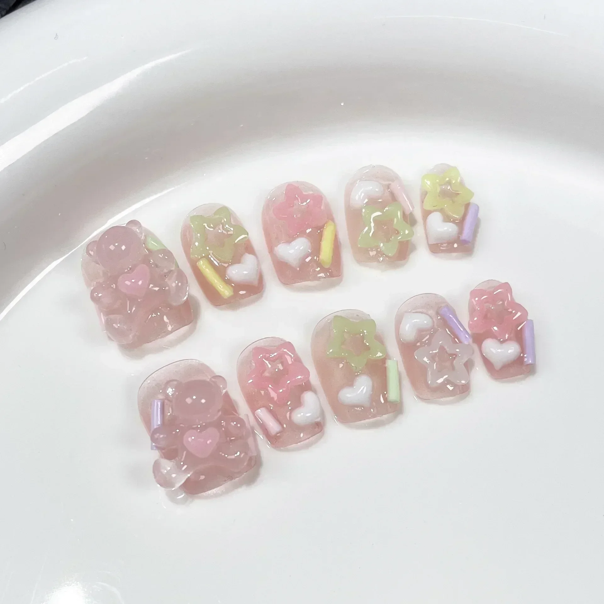 10Pcs Pink Handmade Press On Nails Full Cover Bear Heart Design Short Round Rhinestone False Nails Wearable Manicure Nail Tips
10Pcs Pink Handmade Press On Nails Full Cover Bear Heart Design Short Round Rhinestone False Nails Wearable Manicure Nail Tips