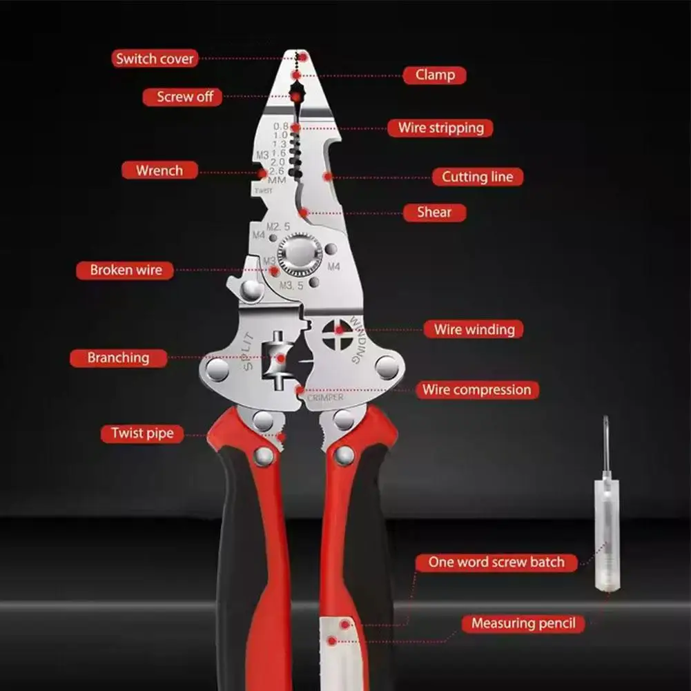 16 IN 1 Multifunctional Stripping Pliers With Voltage Scissors Electrician Crimping Tester Cable Stripping Cutting Pliers W K6Y6
16 IN 1 Multifunctional Stripping Pliers With Voltage Scissors Electrician Crimping Tester Cable Stripping Cutting Pliers W K6Y6