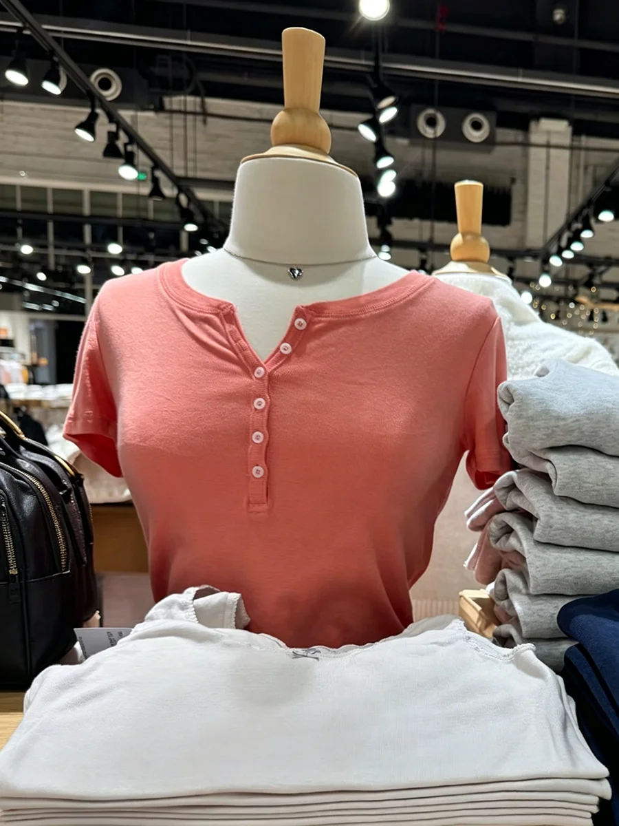 Six Buttons Orange Slim T-shirts Woman Summer O-neck Short Sleeve Cotton Tee Tops Female Casual Simple Solid All-match Tshirts
Six Buttons Orange Slim T-shirts Woman Summer O-neck Short Sleeve Cotton Tee Tops Female Casual Simple Solid All-match Tshirts