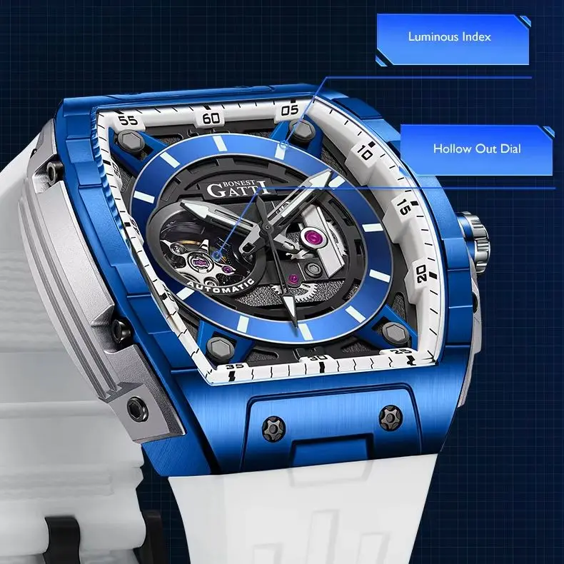 BONEST GATTI Мужские автоматические часы 46*51 мм Механические наручные часы Tonneau Скелет Водонепроницаемый сапфировый светящийся ремешок из фторкаучука 
BONEST GATTI Мужские автоматические часы 46*51 мм Механические наручные часы Tonneau Скелет Водонепроницаемый сапфировый светящийся ремешок из фторкаучука