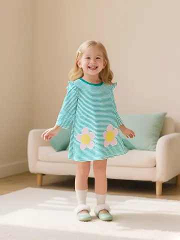 Otoño nuevo vestido de niña moda europea y americana vestido de princesa parche de flores de dibujos animados falda a rayas para niños transfronteriza