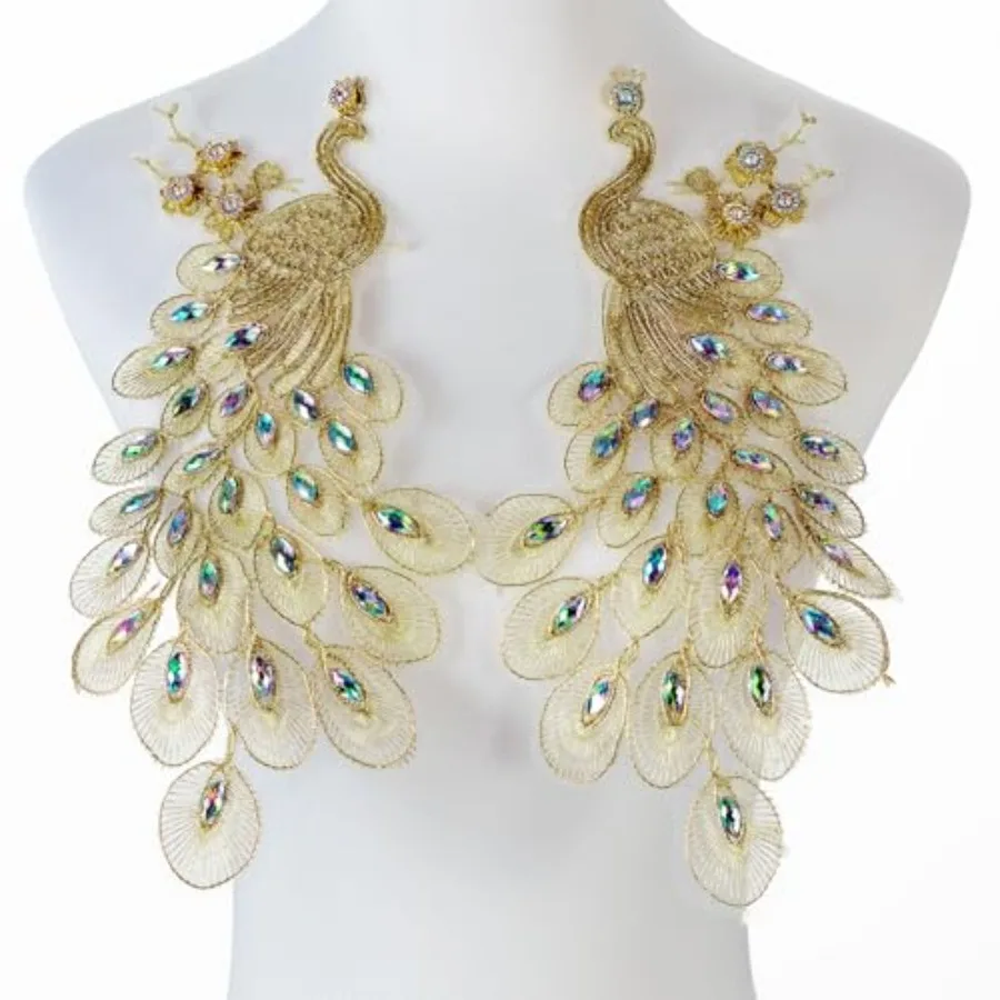 Pair Embroidered Beaded Pearl Peacock Fabric Colorful Rhinestones Applique, Handmade Sewing Tool for Wedding Dress Gown Bodice
Pair Embroidered Beaded Pearl Peacock Fabric Colorful Rhinestones Applique, Handmade Sewing Tool for Wedding Dress Gown Bodice