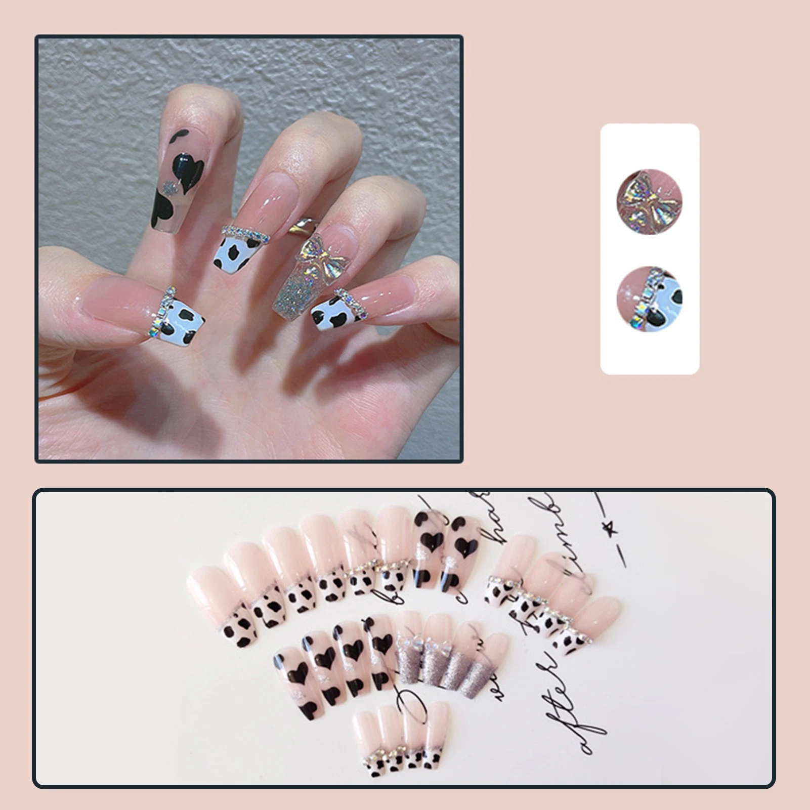 24 шт. накладных ногтей с черным сердцем и коровьим принтом для девочек, многоразовые, съемные, с бантиком, в корейском стиле, пресс-он
24 шт. накладных ногтей с черным сердцем и коровьим принтом для девочек, многоразовые, съемные, с бантиком, в корейском стиле, пресс-он
