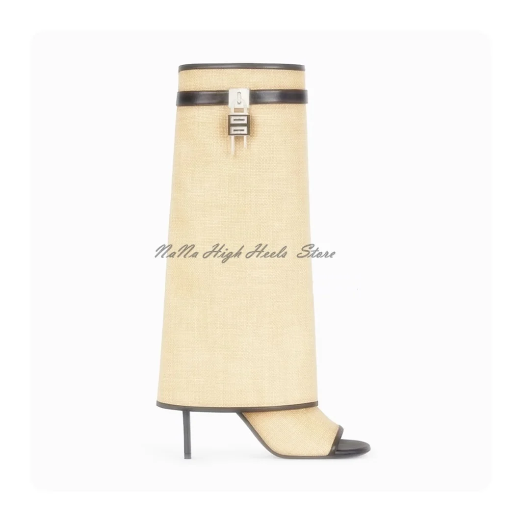 New Peep Toe Metal Lock Knee-High Summer Women Boots Sandals Stiletto High Heels Slip On Design Large Size Shoes
New Peep Toe Metal Lock Knee-High Summer Women Boots Sandals Stiletto High Heels Slip On Design Large Size Shoes