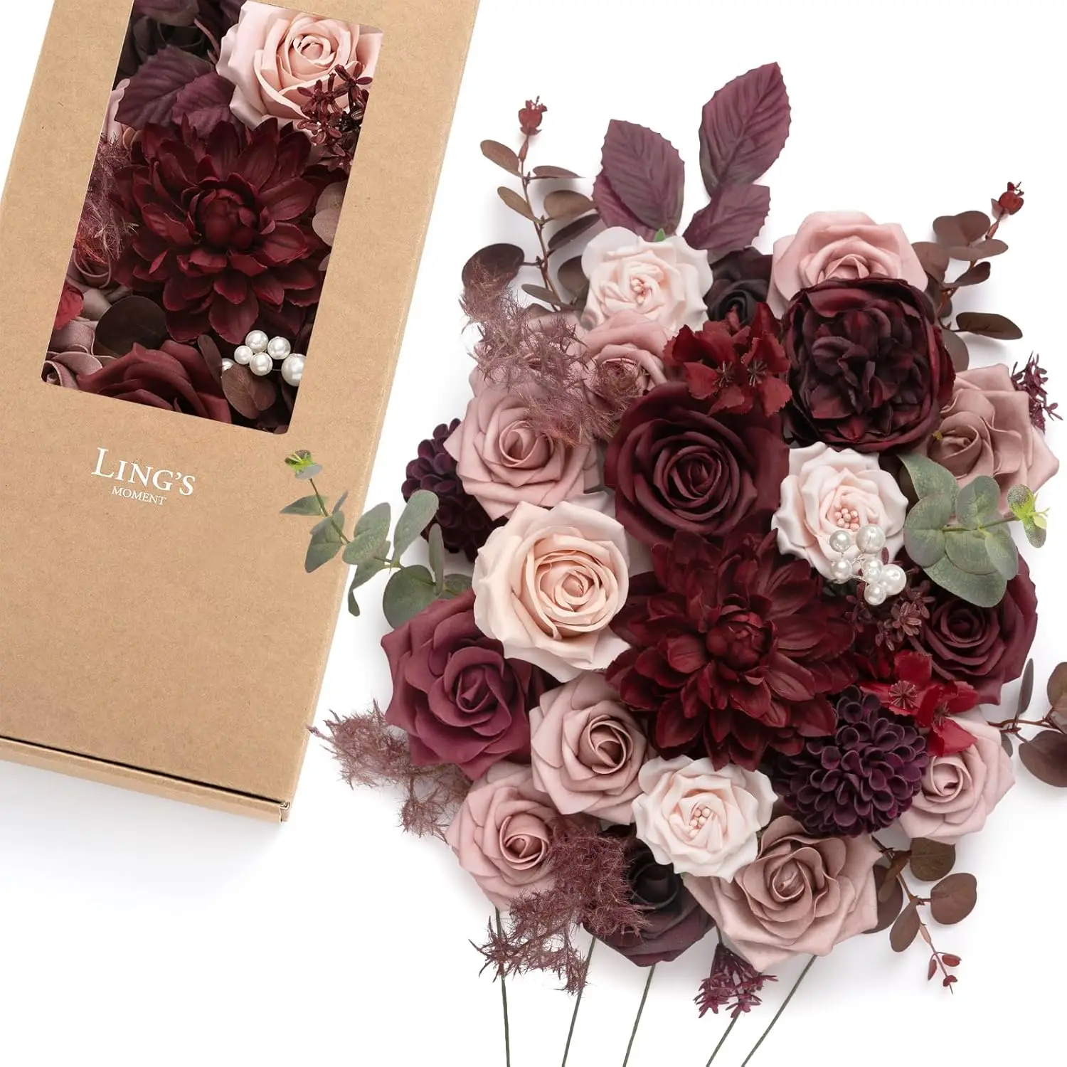 Artificial Silk Flower Bouquet, Dusty Rose & Burgundy Foam Roses Dahlia Peonies Eucalyptus for Wedding Centerpieces Vase
Artificial Silk Flower Bouquet, Dusty Rose & Burgundy Foam Roses Dahlia Peonies Eucalyptus for Wedding Centerpieces Vase