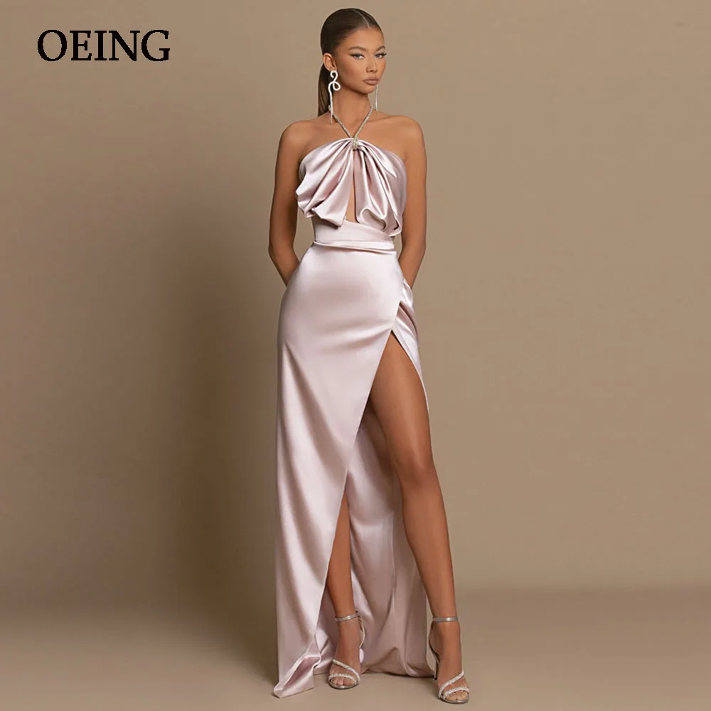 OEING Rose Pink Halter Neck Evening Dress Pleated Stain Prom Gown Floor Length High Side Split Dresses For Formal Occasion
OEING Rose Pink Halter Neck Evening Dress Pleated Stain Prom Gown Floor Length High Side Split Dresses For Formal Occasion