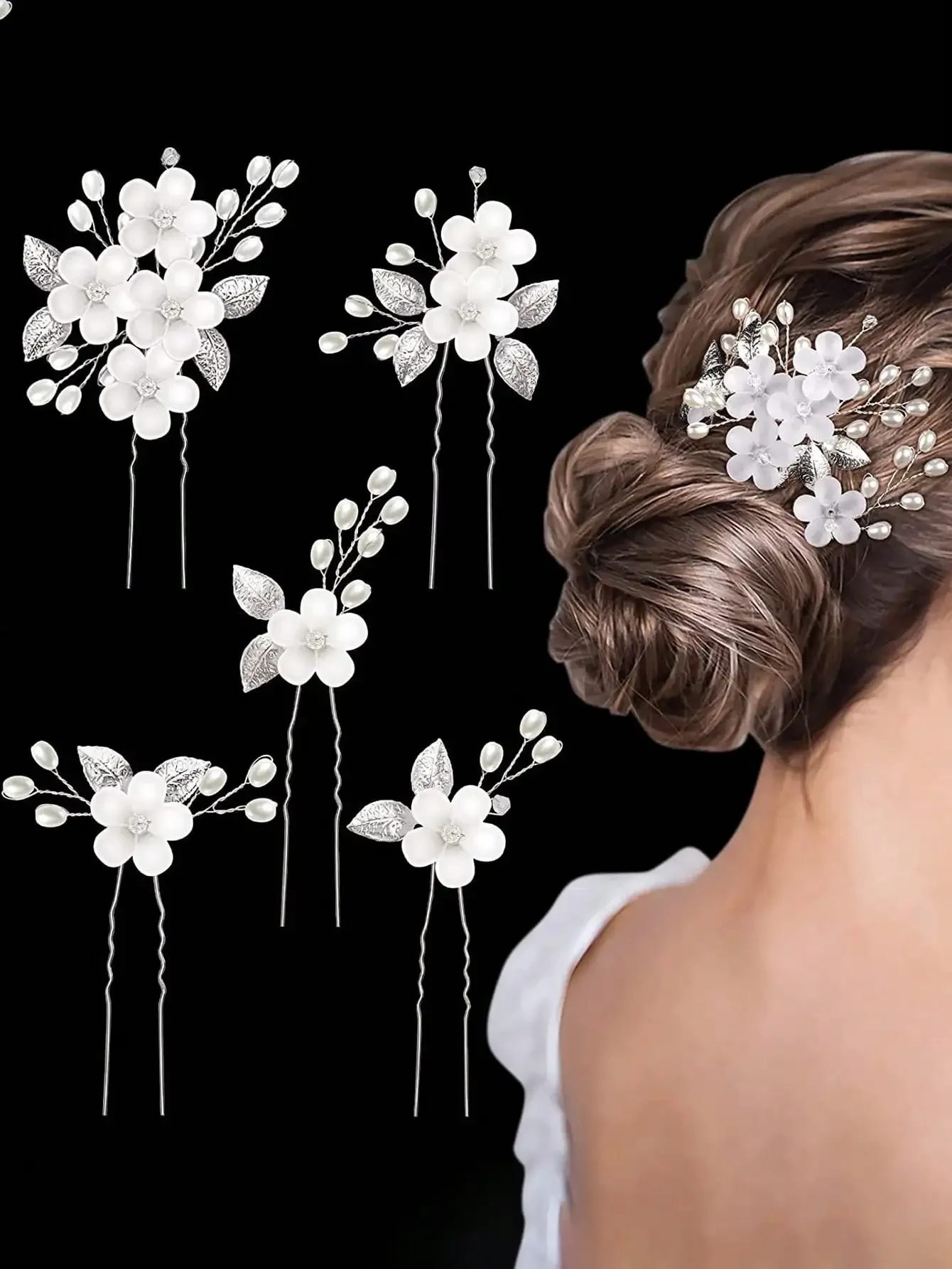5pcs White Acrylic Flower & Silver Leaf U-Shaped Hairpin For European And American Brides, Wedding Parties, Bridesmaids, Bridal Gowns And Dresses Accessories Valentine's Day Accessories,Summer,Beach,Elegant,Party
5pcs White Acrylic Flower & Silver Leaf U-Shaped Hairpin For European And American Brides, Wedding Parties, Bridesmaids, Bridal Gowns And Dresses Accessories Valentine's Day Accessories,Summer,Beach,Elegant,Party