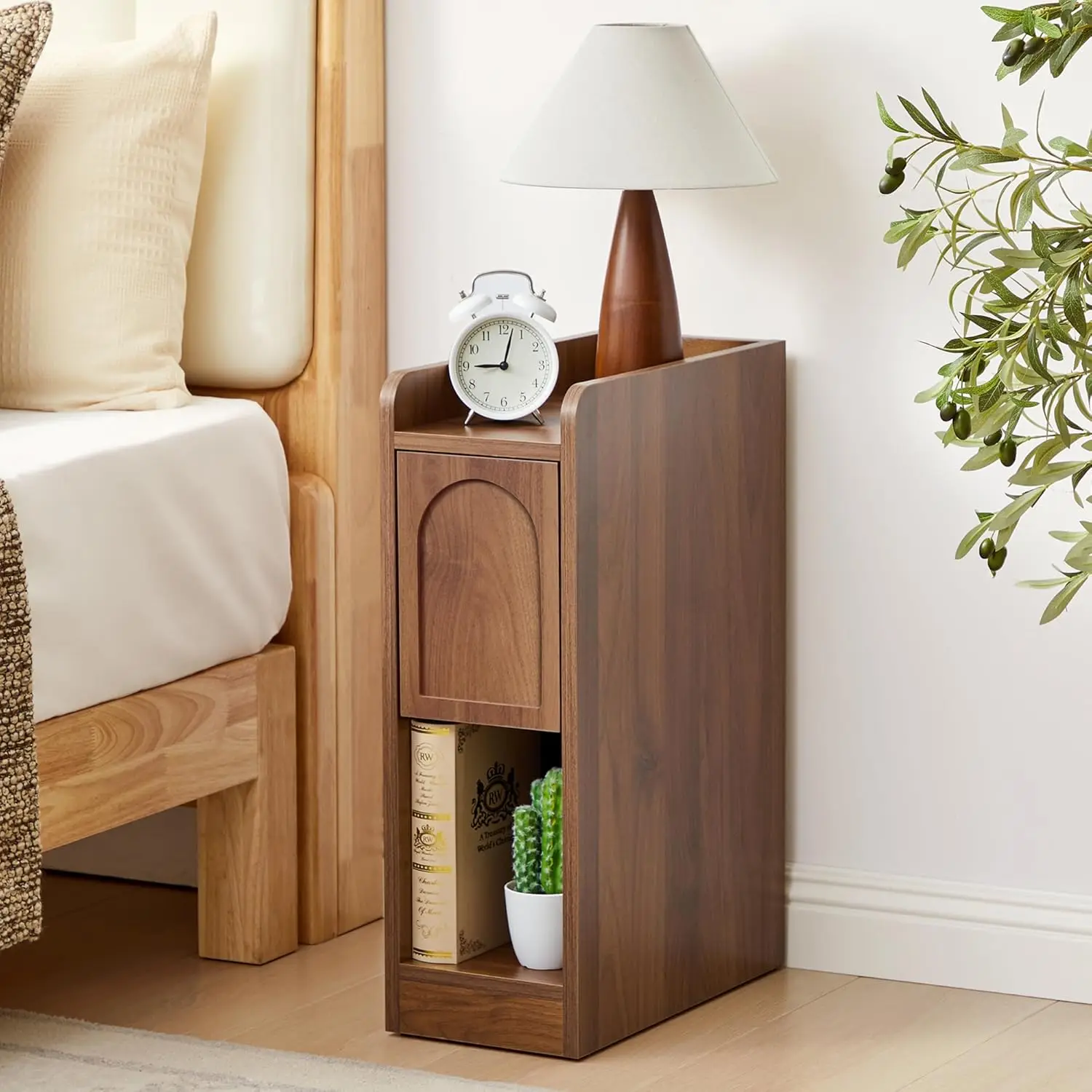 Narrow Nightstand, Slim Bedside Table With Raised Edge Top, Arched Drawer & Open Shelf, Modern Wooden Small Side, Customized
Narrow Nightstand, Slim Bedside Table With Raised Edge Top, Arched Drawer & Open Shelf, Modern Wooden Small Side, Customized