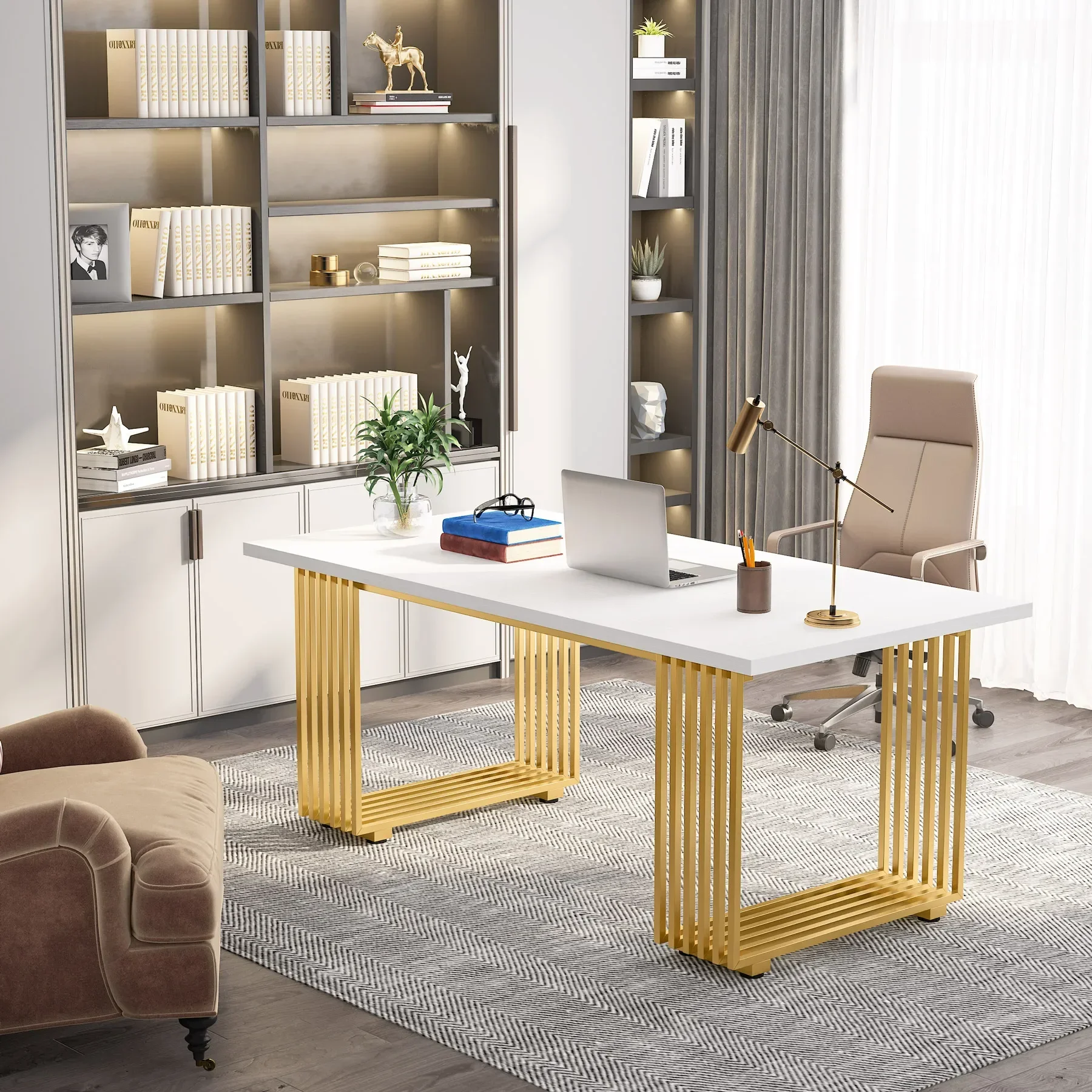 Tribesigns 70.9" Modern Office Desk, Wooden Computer Desk, White Executive Desk with Gold Metal Legs, Small Conference Table
Tribesigns 70.9" Modern Office Desk, Wooden Computer Desk, White Executive Desk with Gold Metal Legs, Small Conference Table