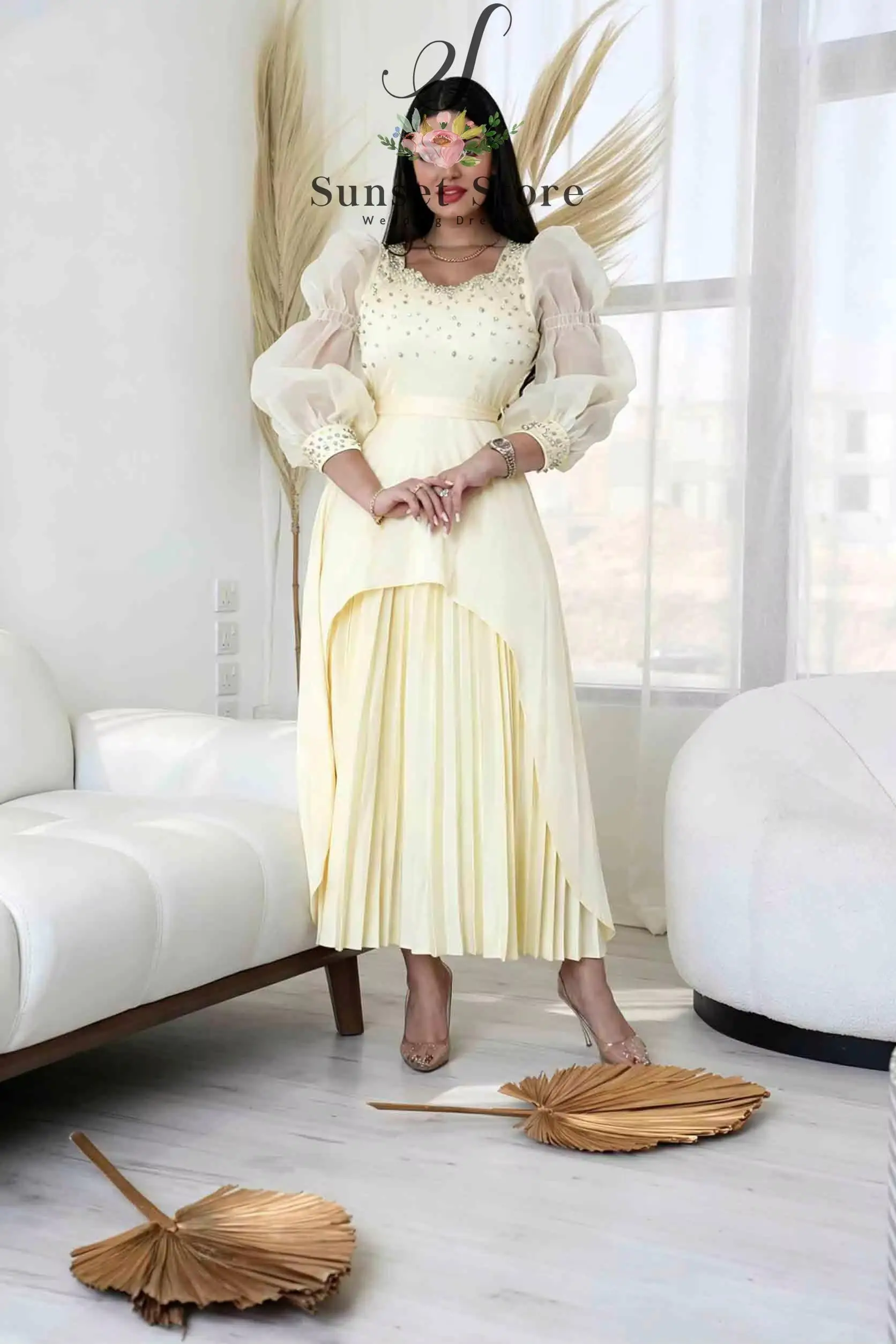 Customized Modest Midi Length Evening Dress for Women Beaded Puff Sleeve Pleated Skirt Formal Party Occasion Dresses
Customized Modest Midi Length Evening Dress for Women Beaded Puff Sleeve Pleated Skirt Formal Party Occasion Dresses
