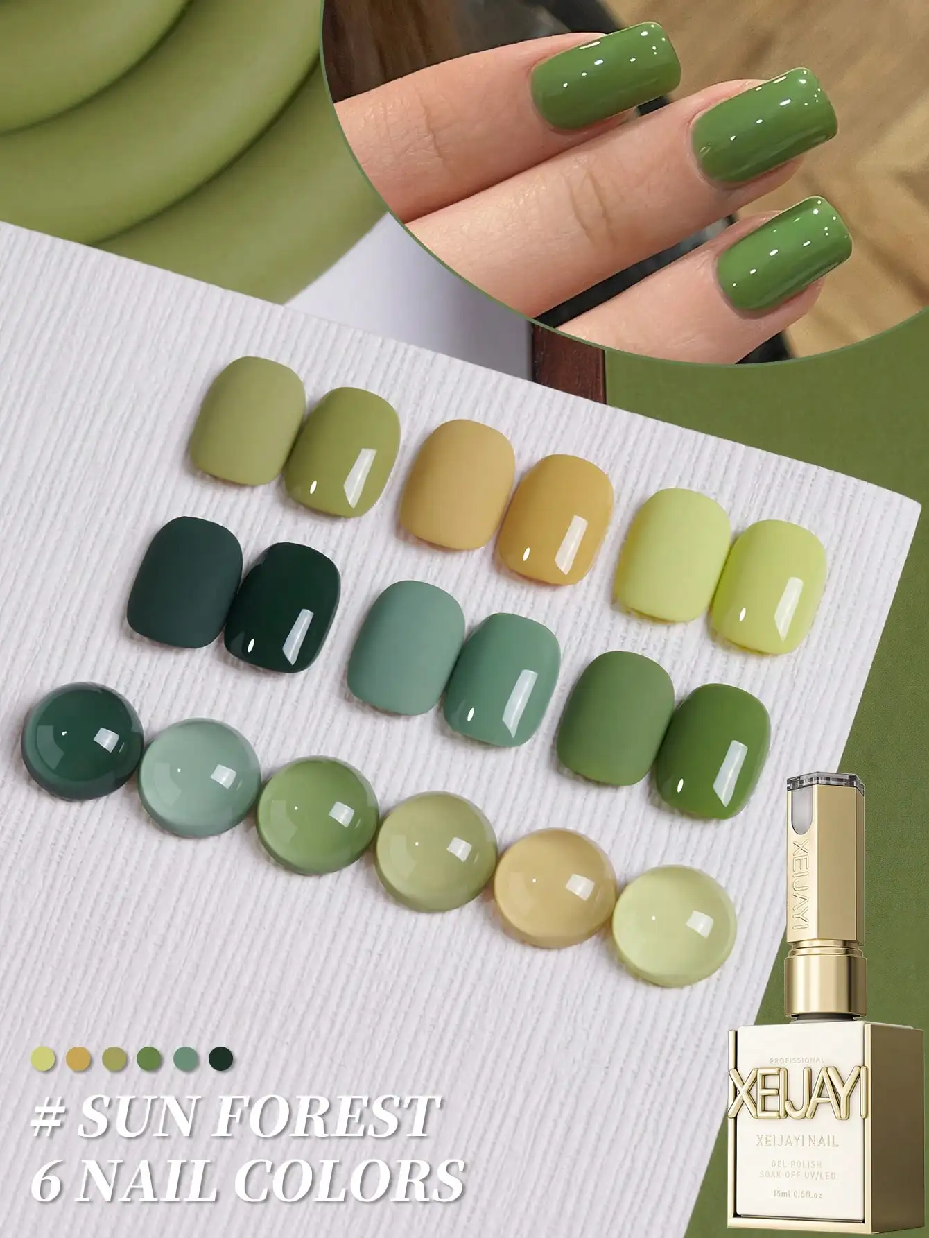 6-Color Green Gel Nail Polish Set, 15ml Each, UV LED Soaking Nail Gel, Semi-Permanent
6-Color Green Gel Nail Polish Set, 15ml Each, UV LED Soaking Nail Gel, Semi-Permanent