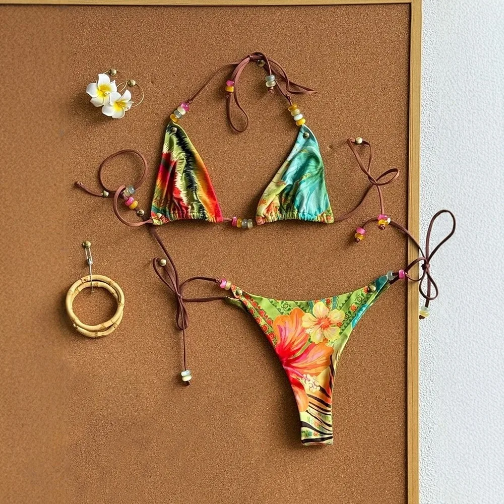 Hawaiian Floral Beaded String Bikini High Cut 2 Piece Swimsuit
Hawaiian Floral Beaded String Bikini High Cut 2 Piece Swimsuit