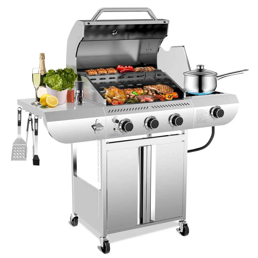 BTU 3Burner Propane Gas Grill with Side Burner, All Stainless Steel BBQ Grill, Cast Iron Grates amp Portable Cart with WheelsOu
BTU 3Burner Propane Gas Grill with Side Burner, All Stainless Steel BBQ Grill, Cast Iron Grates amp Portable Cart with WheelsOu