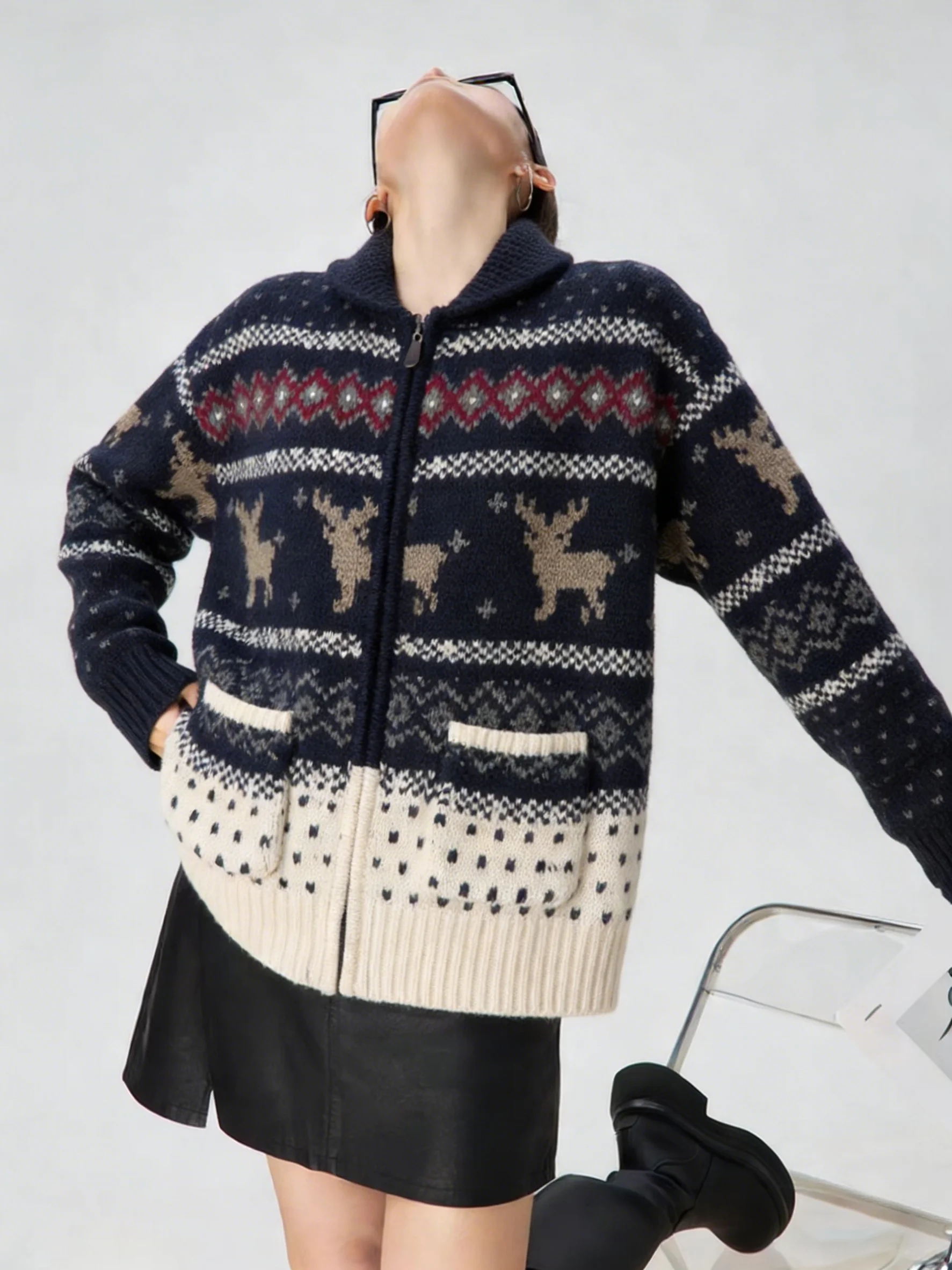 Fall Faion Deer Pattern Knitted Cardigan Zipper Design Women's Sweater Vintage Sle Loose Fit Long Sve Casual Wear
Fall Faion Deer Pattern Knitted Cardigan Zipper Design Women's Sweater Vintage Sle Loose Fit Long Sve Casual Wear