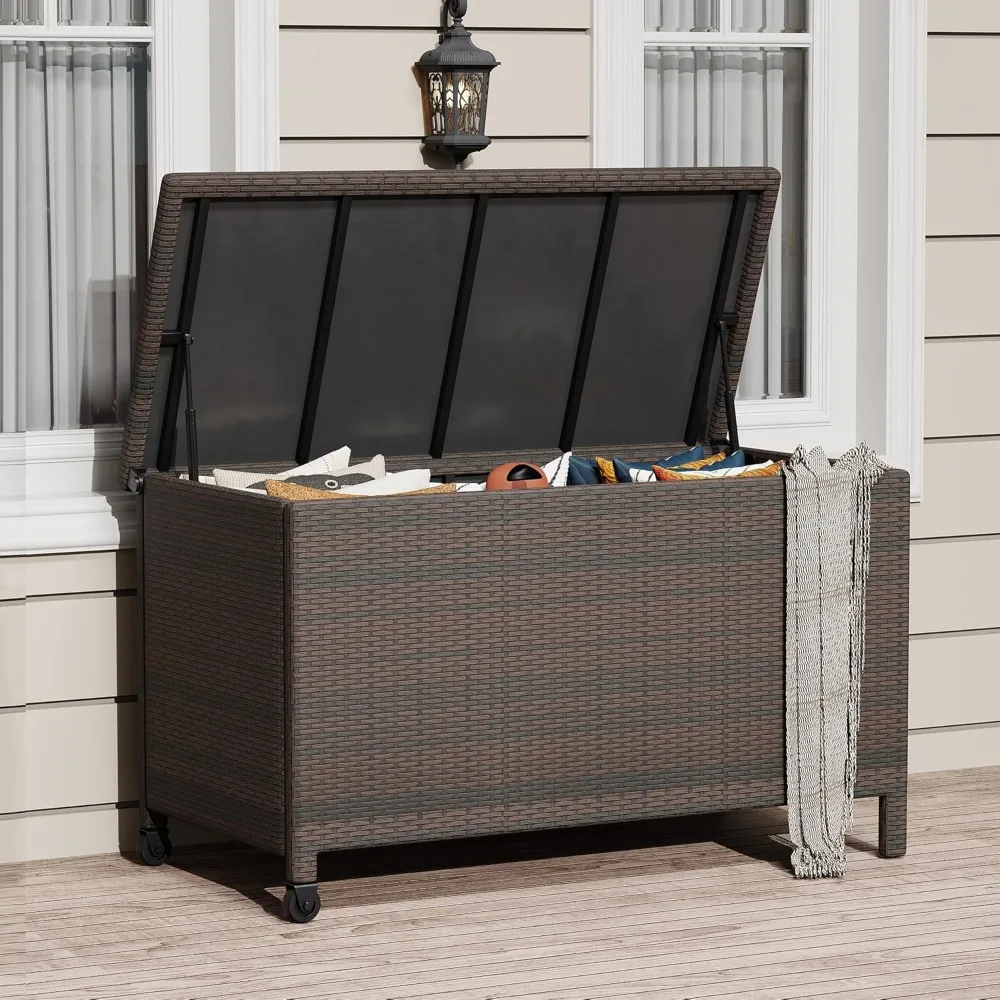 150 Gallon Rattan Deck Box, Outdoor Wicker Storage Box With Curved Handle & Universal Wheels, Wicker Storage Bench for Cushions
150 Gallon Rattan Deck Box, Outdoor Wicker Storage Box With Curved Handle & Universal Wheels, Wicker Storage Bench for Cushions