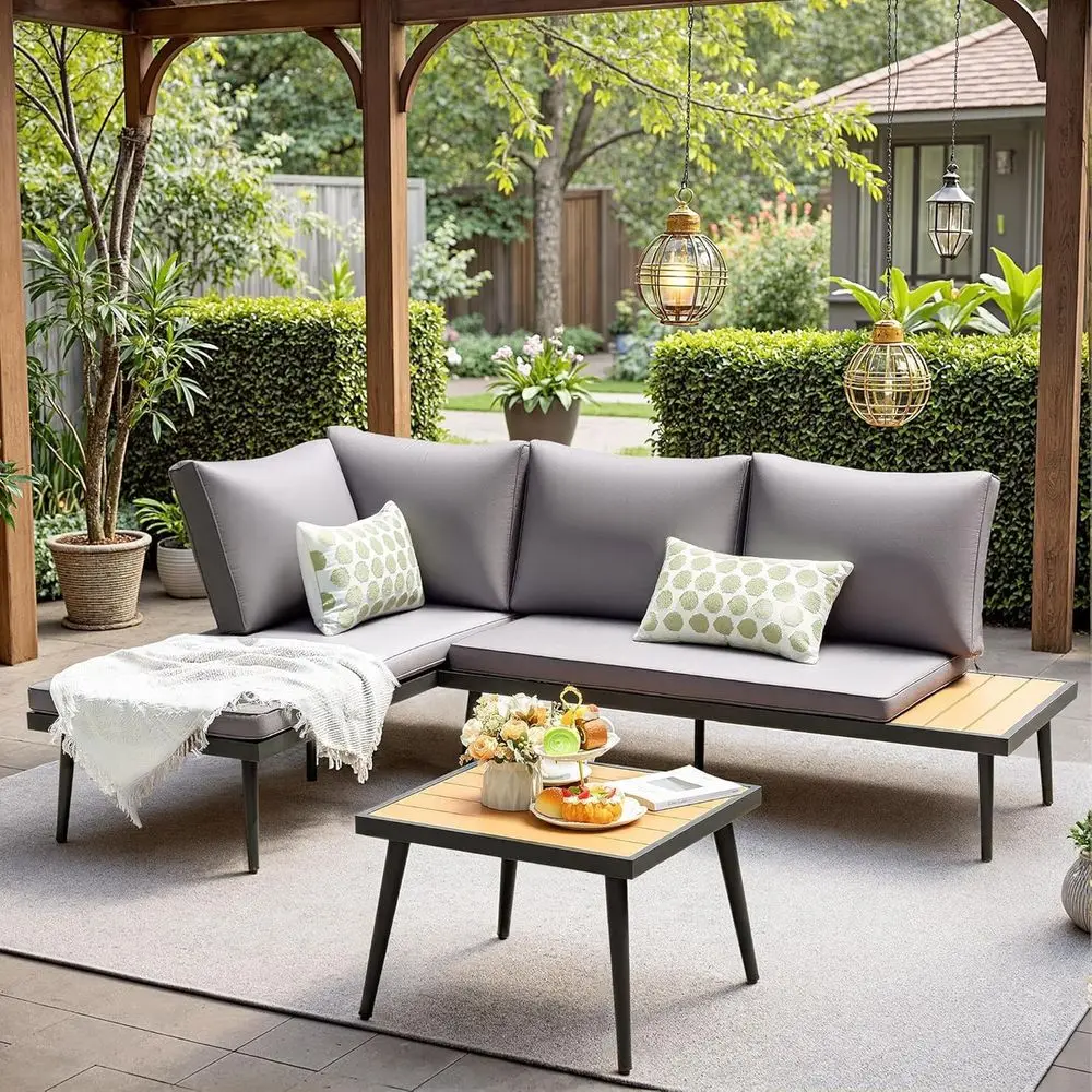 Gray Outdoor Patio L-Shaped Sectional Sofa Set with Acacia Wood Table and All-Weather Cushions
Gray Outdoor Patio L-Shaped Sectional Sofa Set with Acacia Wood Table and All-Weather Cushions