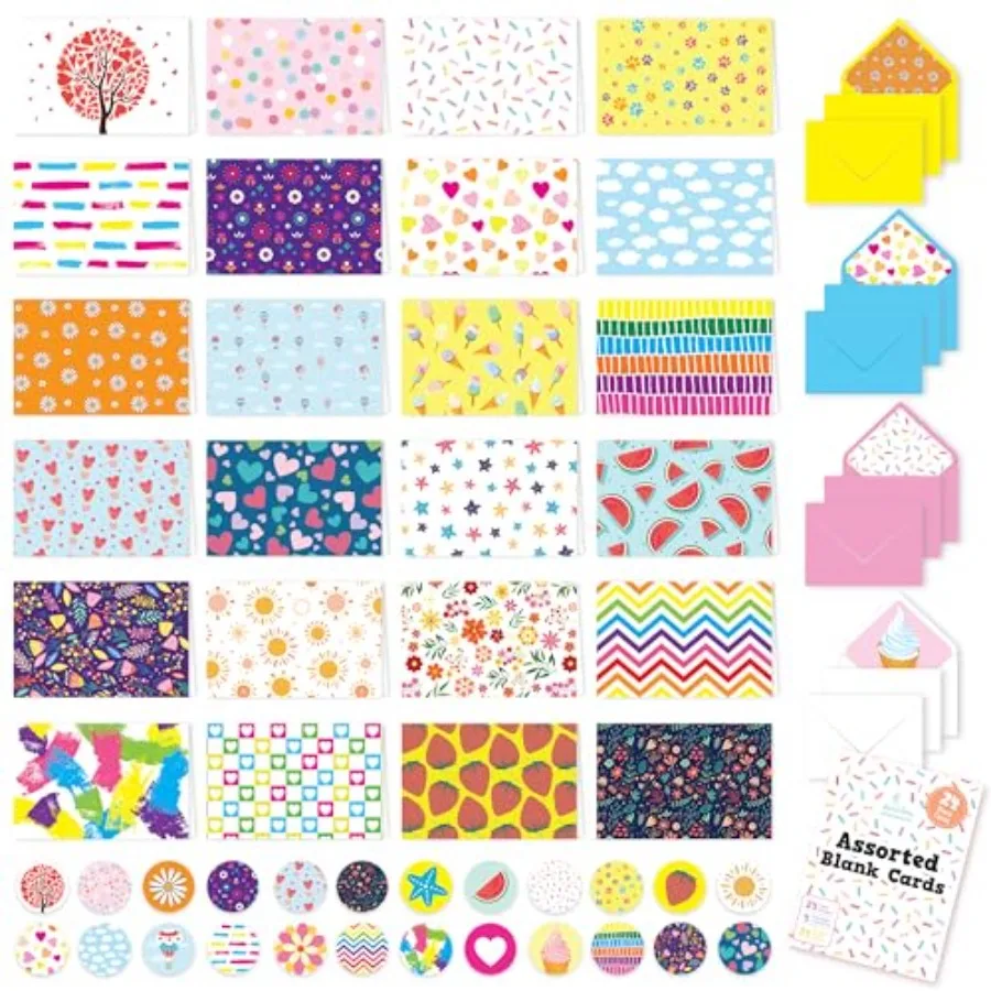 24 Pack 6x4in Assorted Blank Cards with Envelopes and Stickers, 24 Unique Colorful Designs for and Adults, Friends and Loved On
24 Pack 6x4in Assorted Blank Cards with Envelopes and Stickers, 24 Unique Colorful Designs for and Adults, Friends and Loved On