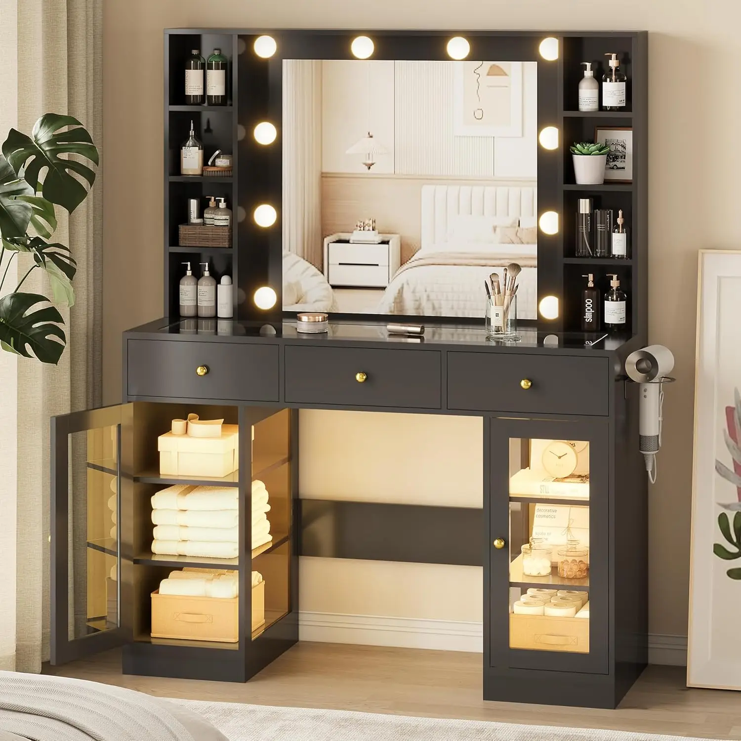 Black Makeup Vanity Desk with Mirror, LED Lights, Glass Top, Drawers, Power Outlet, 3-Color Lighting
Black Makeup Vanity Desk with Mirror, LED Lights, Glass Top, Drawers, Power Outlet, 3-Color Lighting