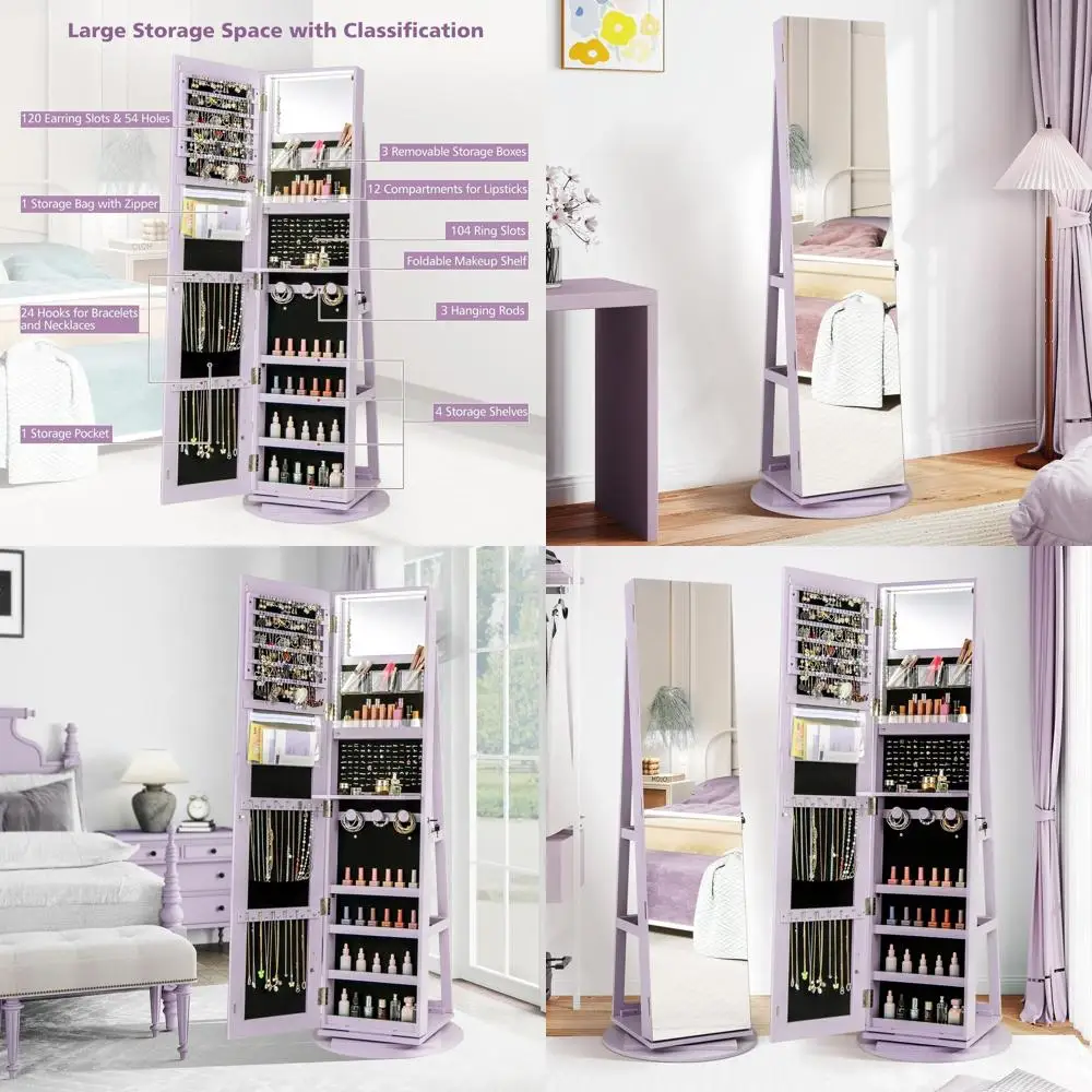 Full-Length Mirror Jewelry Armoire with Swivel, Lockable, Storage Shelves, Interior Vanity Mirror & 3-Color Lights in Lavender
Full-Length Mirror Jewelry Armoire with Swivel, Lockable, Storage Shelves, Interior Vanity Mirror & 3-Color Lights in Lavender